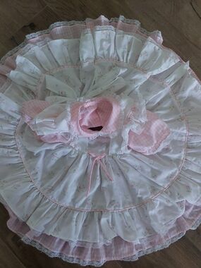 VTG Mini World Pink Gingham Floral Ruffle Dress 12-18 Months Full Circle Lace US